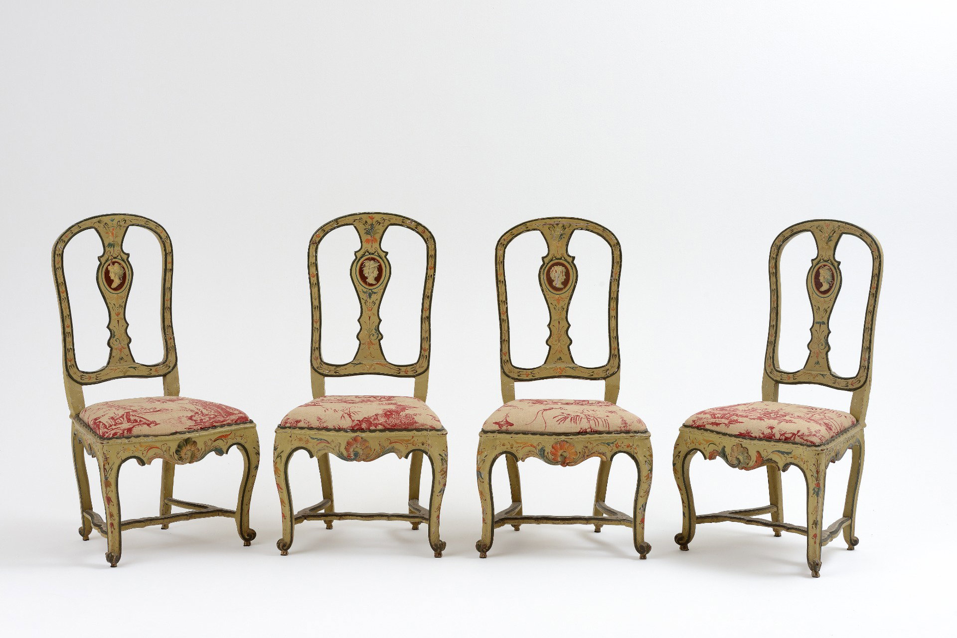 Central Italy, 18th Century, Four lacquered and upholstered chairs in excellent condition